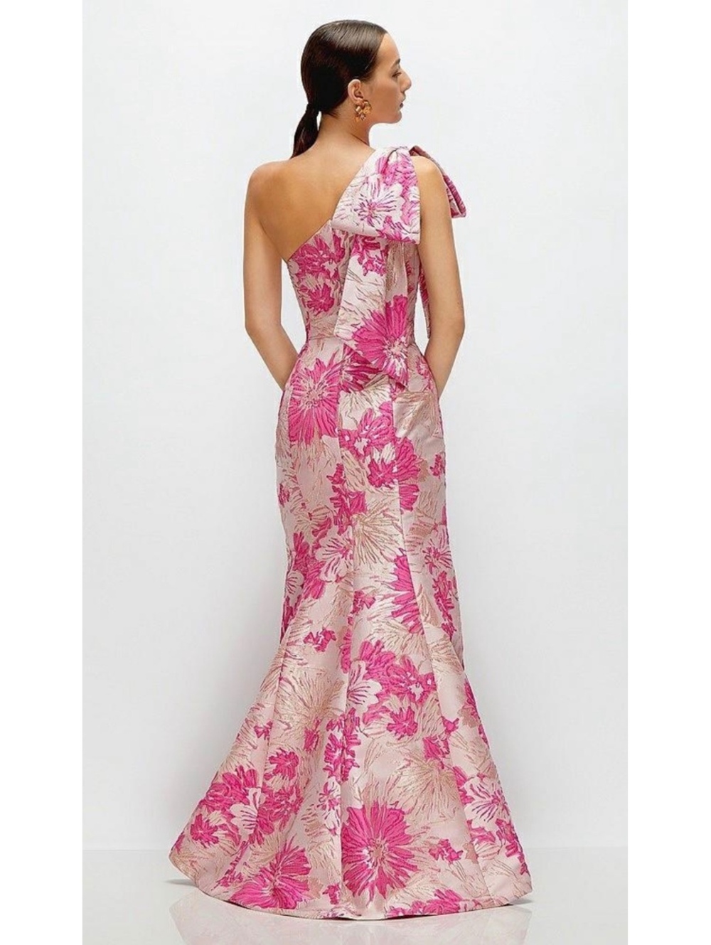 NWT Alfred Sung Leanor Pink Metallic Floral Jacquard One Shoulder Gown 12 - Picture 2 of 11